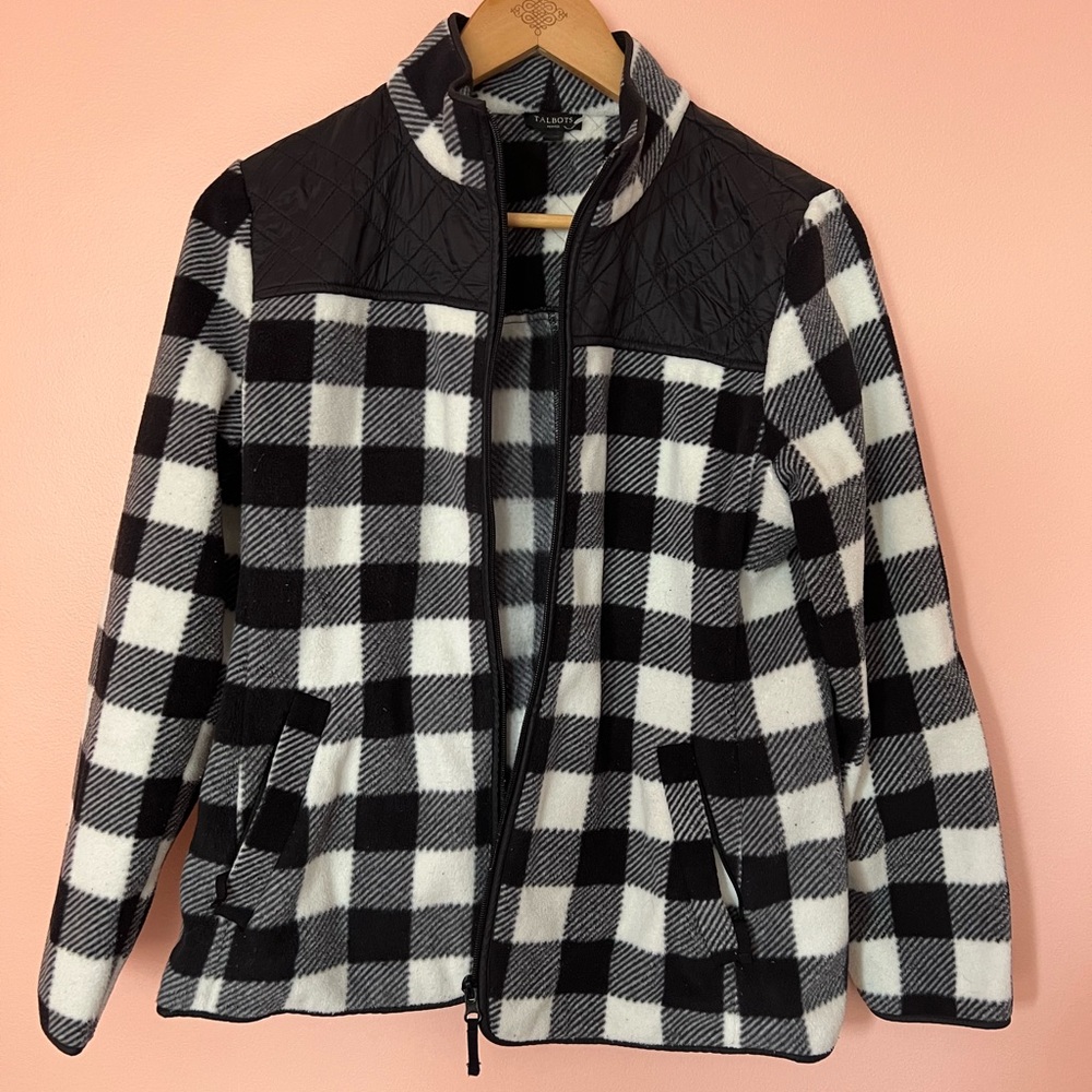 Talbots Fleece Black and White Plaid Jacket with quilted details. Size MP